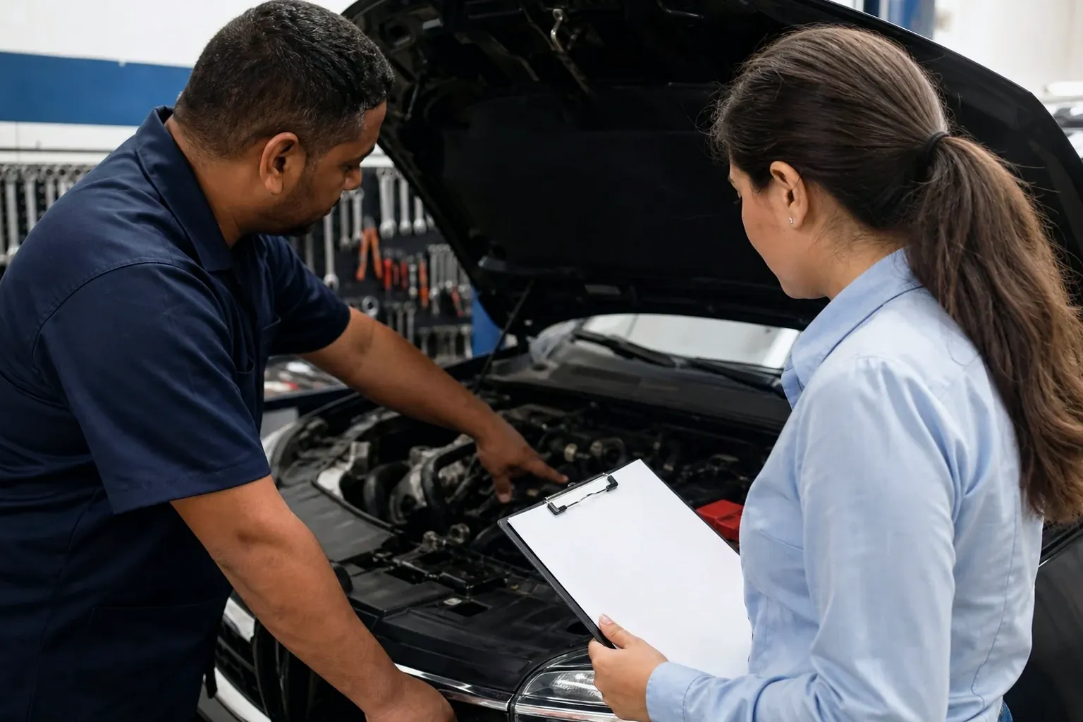 Profissionais cadastrando motor de veículo.