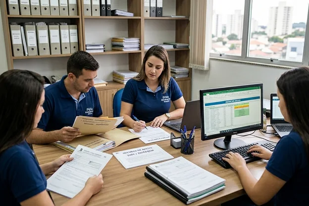Profissionais elaborando um recurso de multa.